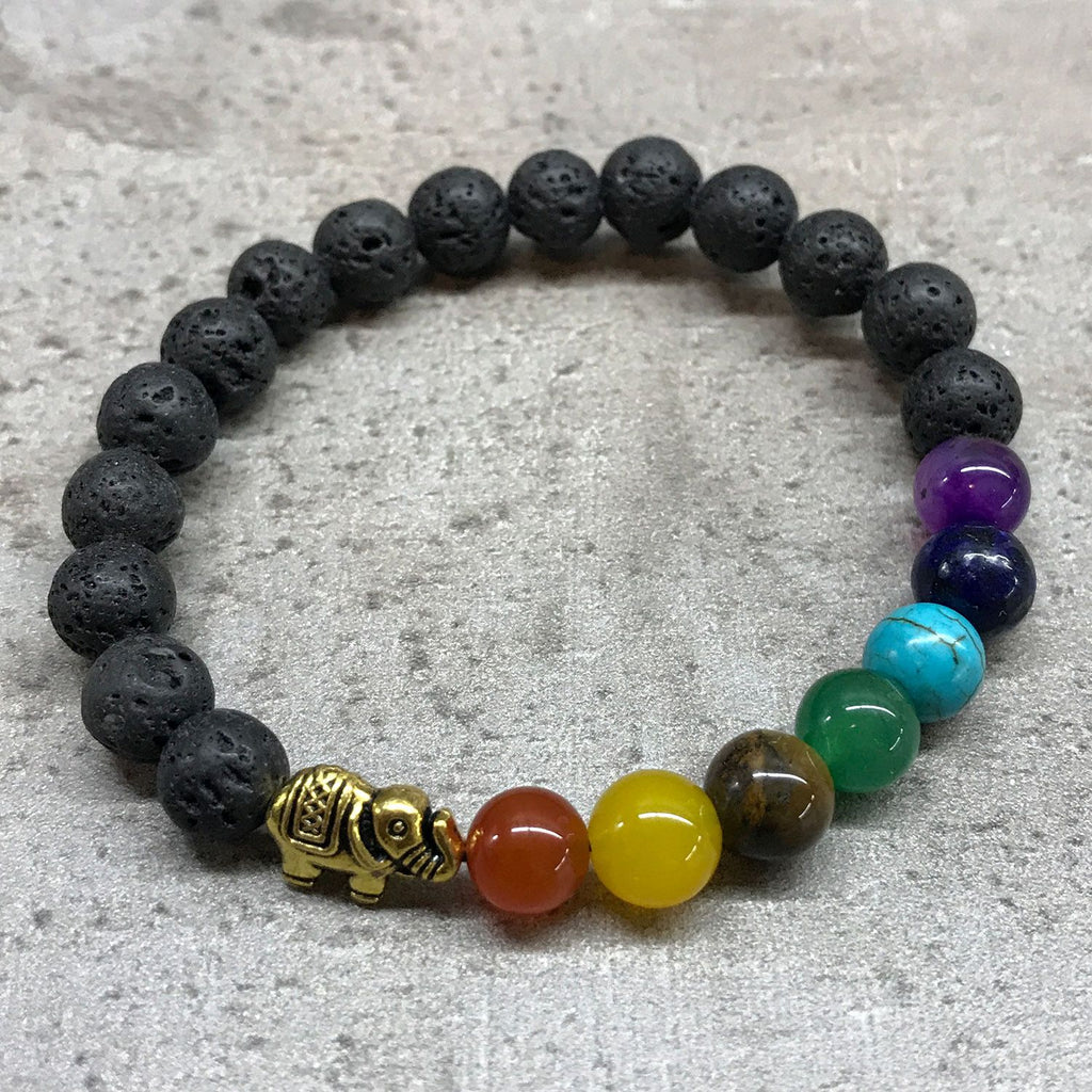 Pulsera de Piedra Volcánica con Elefante y Chakras